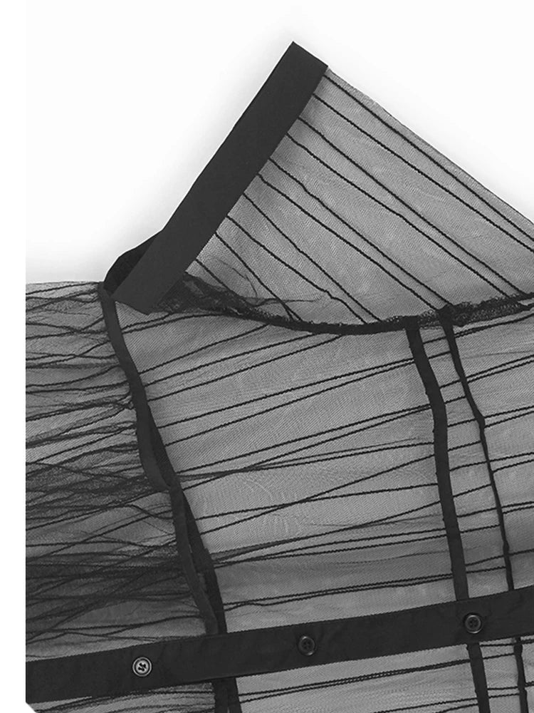 Women Black Mesh Perspective Midi Elegant Shirt Dress New Lapel Short Sleeve Fashion Tide Spring Summer 2025 1DJ0866