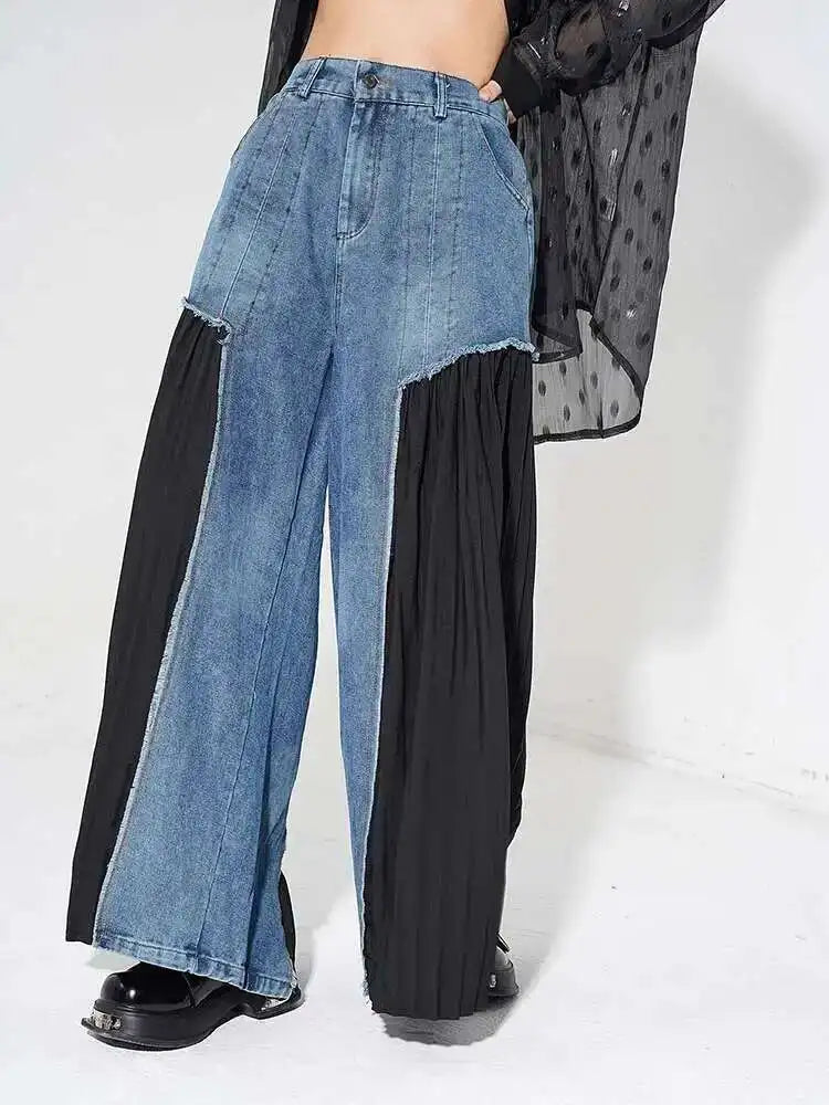 High Elastic Waist Blue Denim Pleated Long Wide Leg Pants New Trousers Women Fashion Tide Spring Autumn 2025 1DH5079