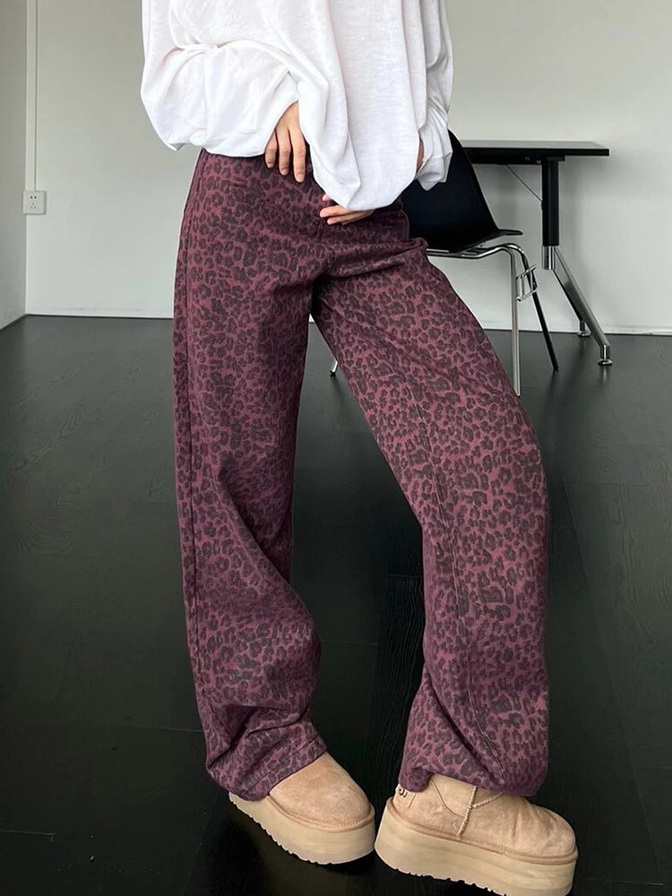 Colorblock leopard Spliced Button Denim Pant For Women High Waist Patchwork Pocket Full Length Jeans Female Style