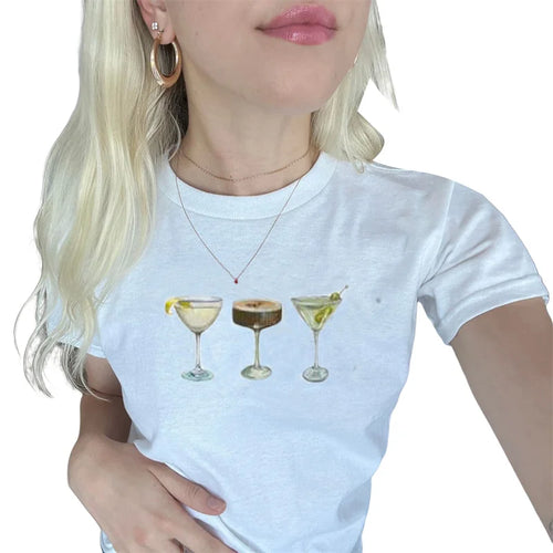 Load image into Gallery viewer, y2k Baby Tee Women Aesthetic Clothes Fruit/Wine Cup Print Round Neck Short Sleeve Crop Top Graphic T Shirt Streetwear
