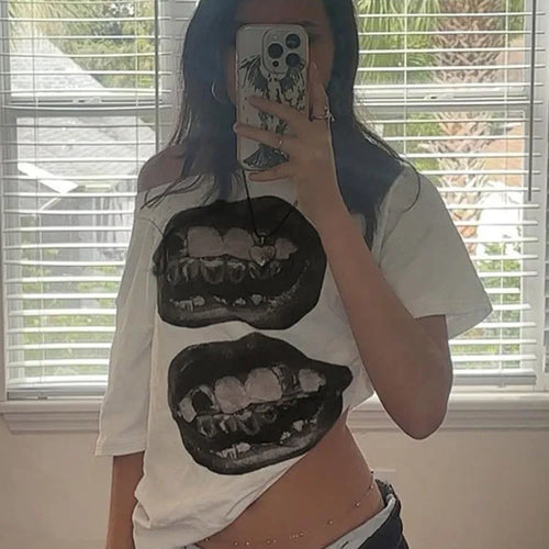 Load image into Gallery viewer, American Street Hip Hop Mouth Print Loose T-shirt Women Personalized Casual Top
