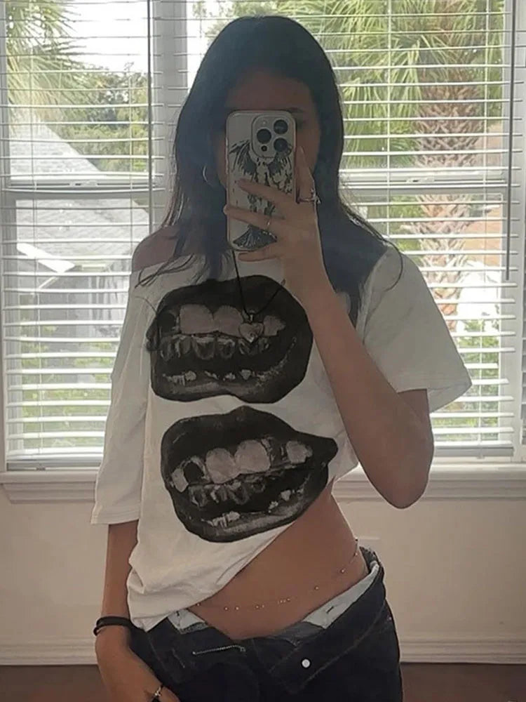 American Street Hip Hop Mouth Print Loose T-shirt Women Personalized Casual Top
