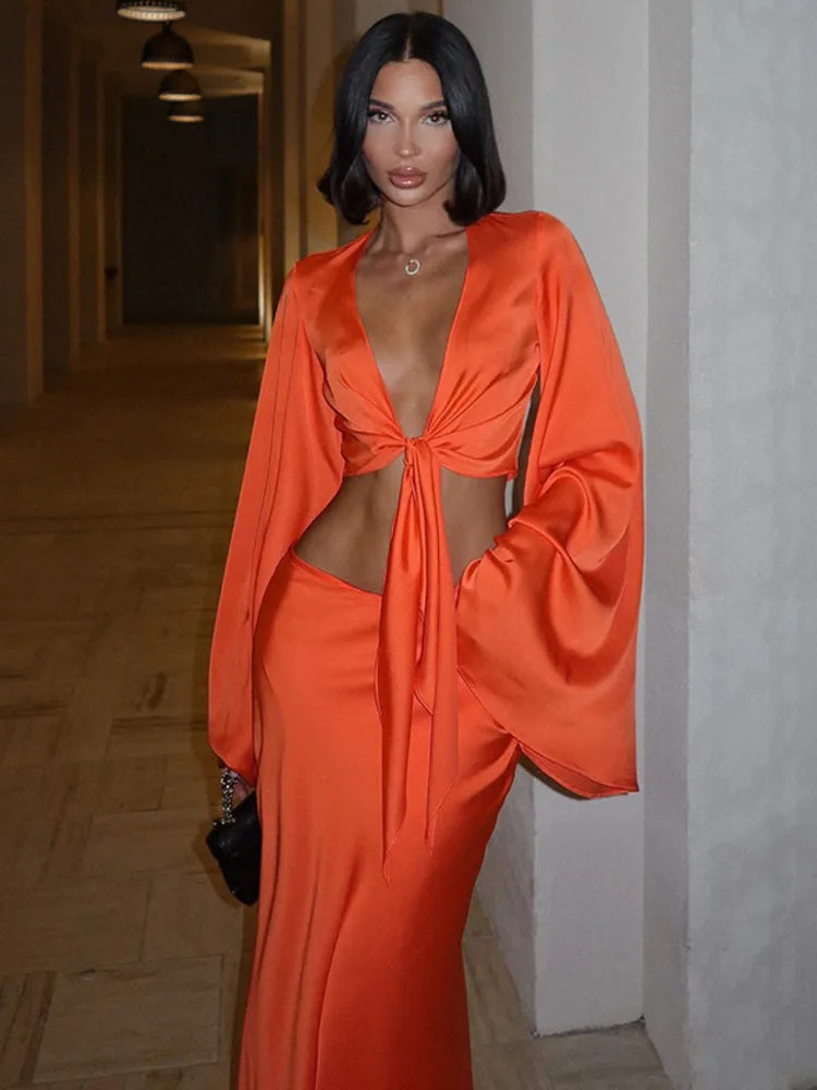 Elegant Satin Long Sleeved Long Skirt Women Set 2024 Women Lace Up Sexy V-neck Low Waist Solid Color Party Club Set