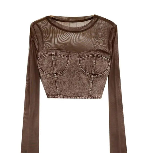 Load image into Gallery viewer, Retro Women Denim Patchwork Mesh Long Sleeved Short Top Autumn Korean Fashion Versatile Elegant Round Neck T Shirt Trend Popular
