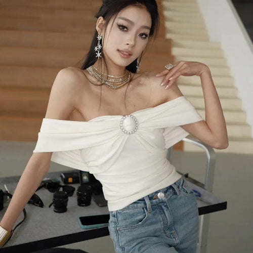 Load image into Gallery viewer, White Elegant Y2k Off Shoulder Pearl Cropped Top Women Black Sleeveless Backless Sexy Club Strapless 2024 Summer Pleated Tops
