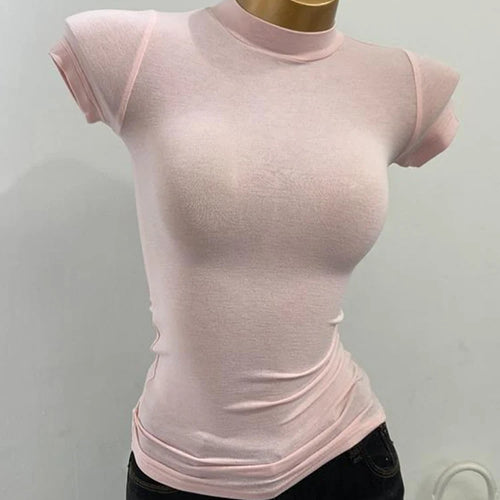 Load image into Gallery viewer, Half-high Collar T-shirt korean Transparent Short-sleeved Slim-fit Elastic Solid Inner Bottoming Shirt Sexy Big Chest T-shirt
