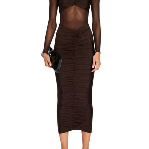 Load image into Gallery viewer, Sheer Long Sleeve Ruched Sexy Maxi Dress Women Fashion Half High Collar See Through Backless Bodycon Sexy Long Dress
