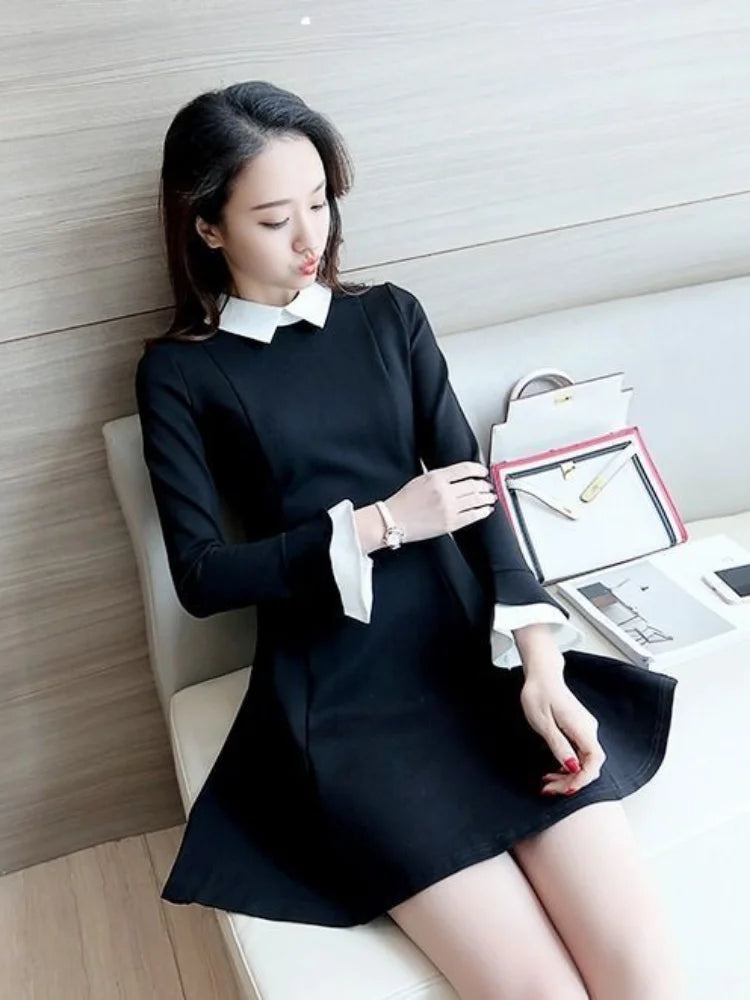 Vintage School Student Black Dress Women Korean Style Kpop Fashion Short Dresses Party Long Sleeve Spring Fashion