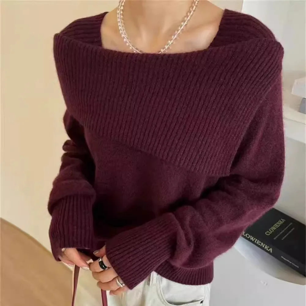 Korean Version Solid Square Neck Loose Cotton Crochet Sweater Autumn Winter Women Long Sleeve Casual Warm Pullover Tops Popular