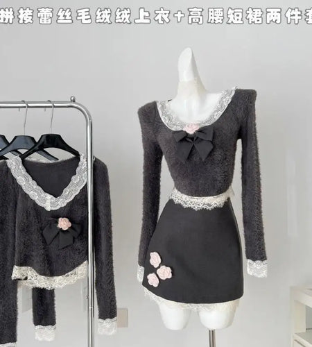 French Retro 2025 Women Grey Patchwork Lace Elegant Long Sleeved Bow Tops And High Waist Short Skirt Autumn Winter Two Piece Set