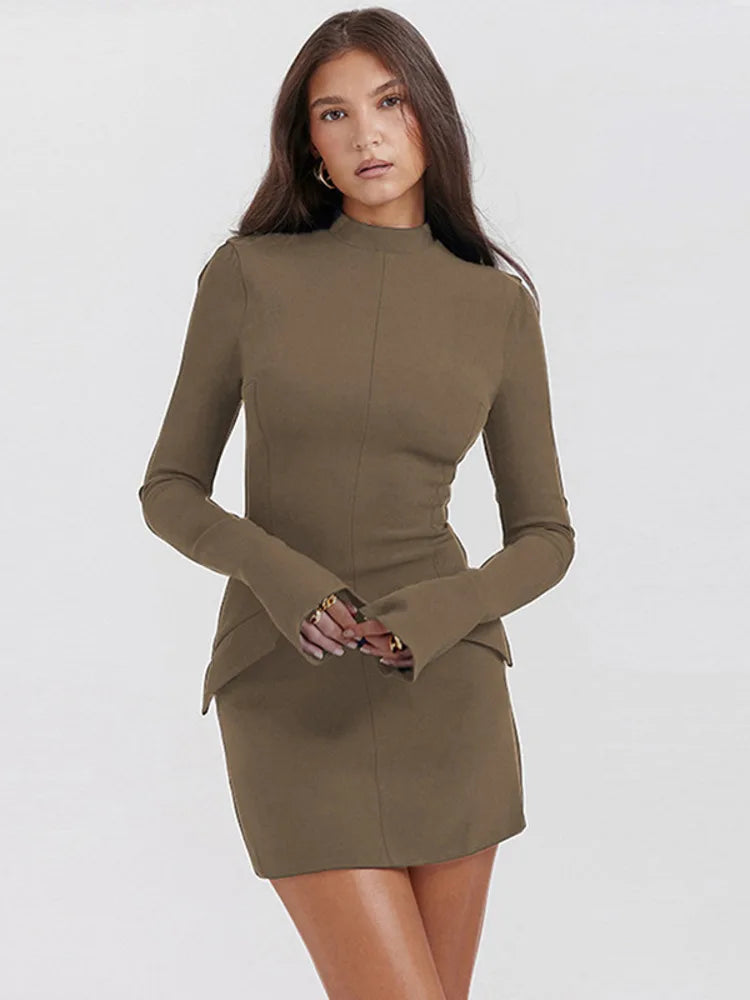 Dark Blue Two Pocket Sexy Mini Dress For Women 2023 Autumn Winter New Long Sleeve Bodycon Club Party Dress Elegant
