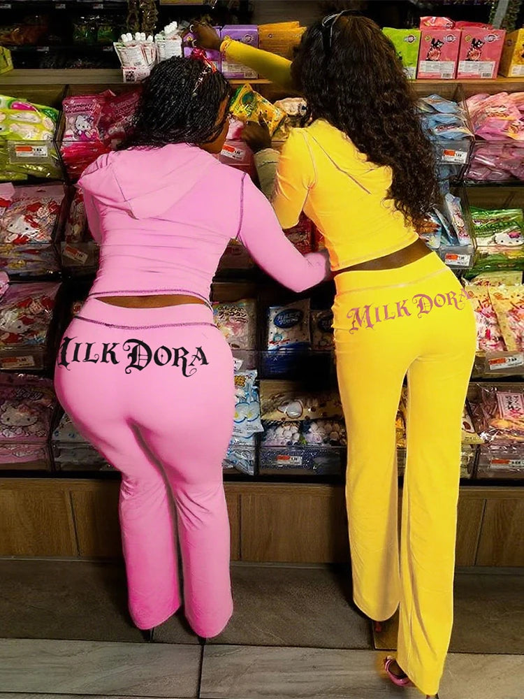 Casual Letter Print Women 2 Piece Set Tracksuit Sporty Full Sleeve Crop Jacket+Pants Matching Streetwear Skinny Outfits