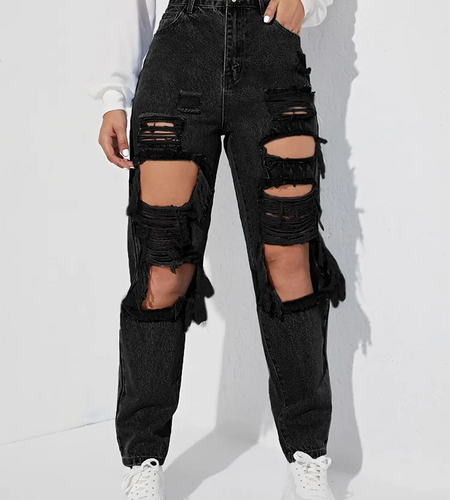 Black Jeans For Women High Waist Highwaist Holes Denim Patchwork Button Casual Loose Wide Leg Pants Female Autumn