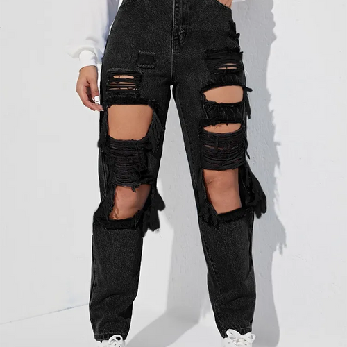 Load image into Gallery viewer, Black Jeans For Women High Waist Highwaist Holes Denim Patchwork Button Casual Loose Wide Leg Pants Female Autumn
