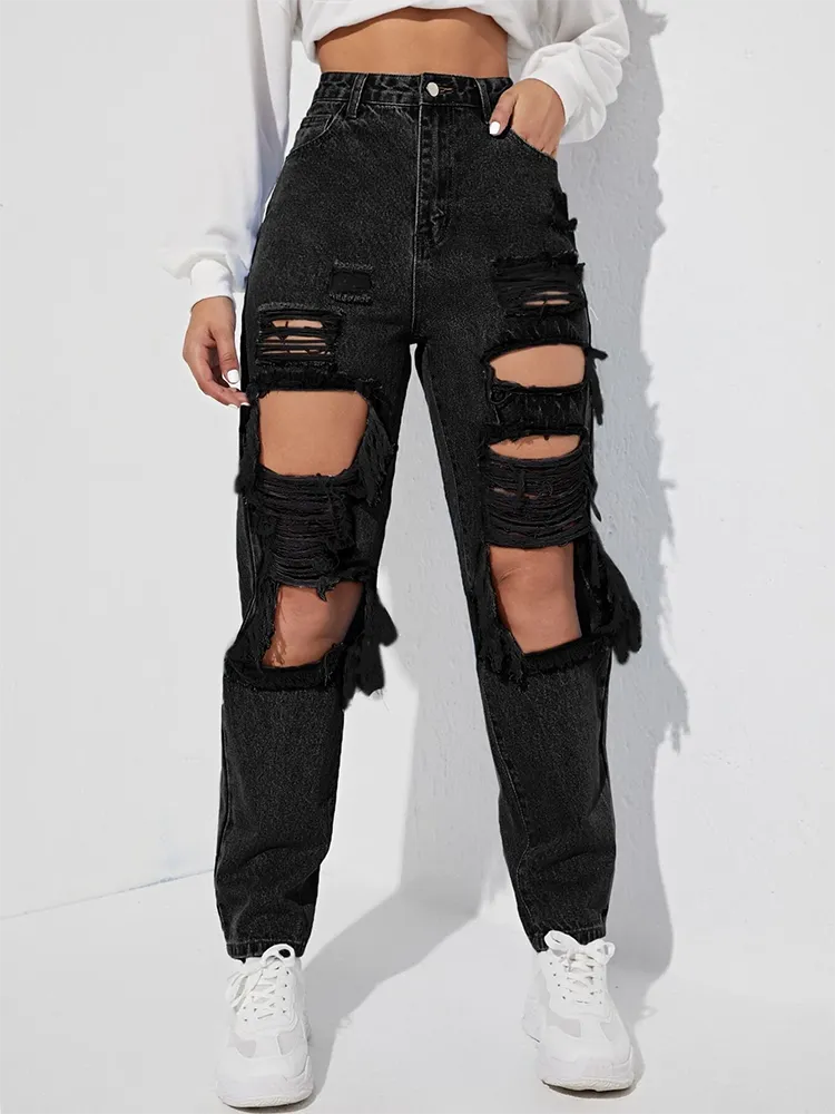 Black Jeans For Women High Waist Highwaist Holes Denim Patchwork Button Casual Loose Wide Leg Pants Female Autumn