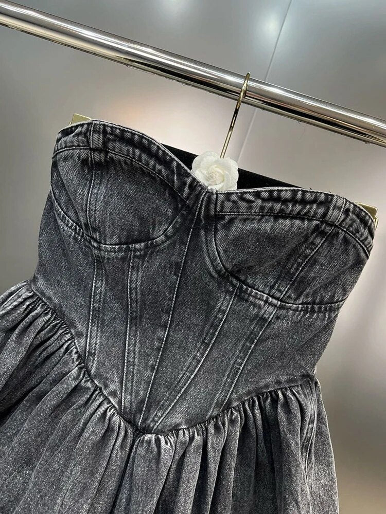 Backless Denim Tank Tops For Women Strapless Sleeveless Folds Minimalist Summer Off Shoulder Vest Female Fashion