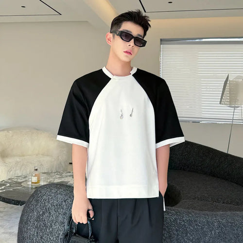 Load image into Gallery viewer, Summer Men&#39;s Casual T-shirts Loose Round Neck Short Sleeve Patchwork Metal Irregular Design Contrast Color 9C6289
