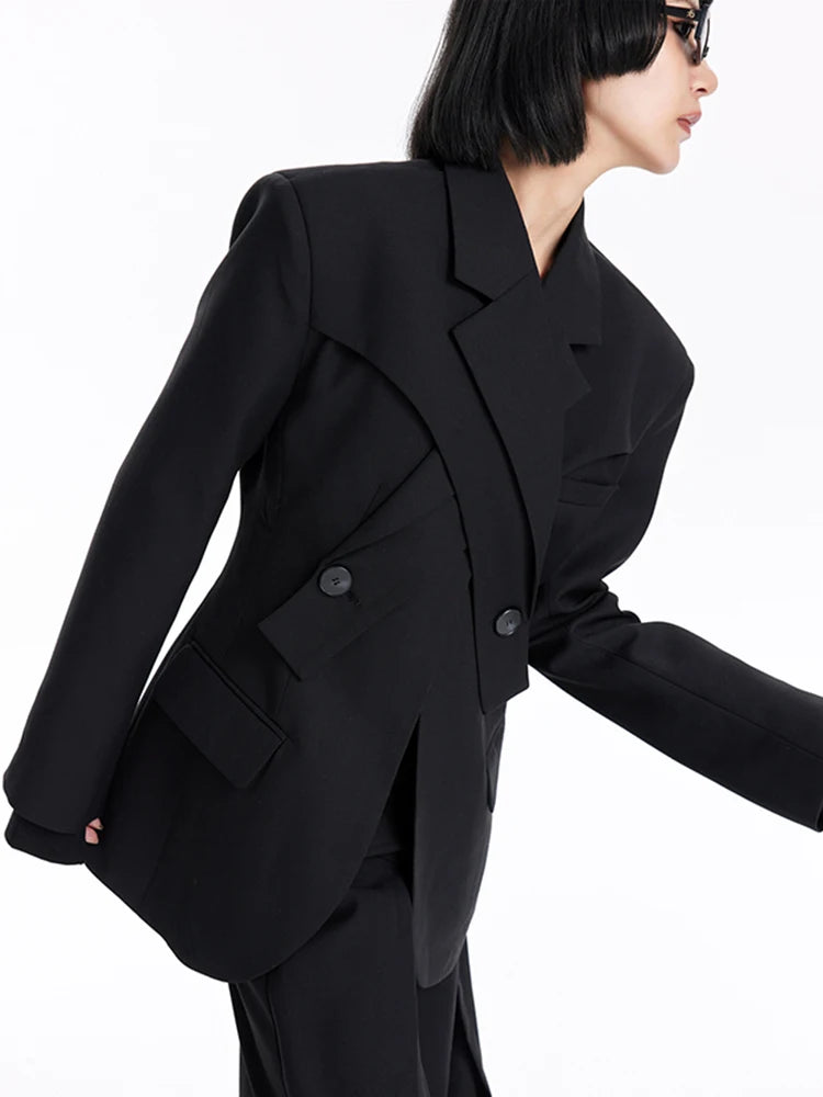 Women Black Button Corss Design Elegant Slim Blazer New Lapel Long Sleeve Jacket Fashion Tide Spring Autumn 2025 7AB1277