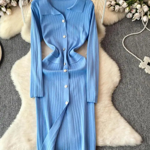 Load image into Gallery viewer, Autumn 2024 New Women's Solid Single Breasted Knitted Long Dress French Elegant Office Lady Long Sleeve Dress Simplicity Popular
