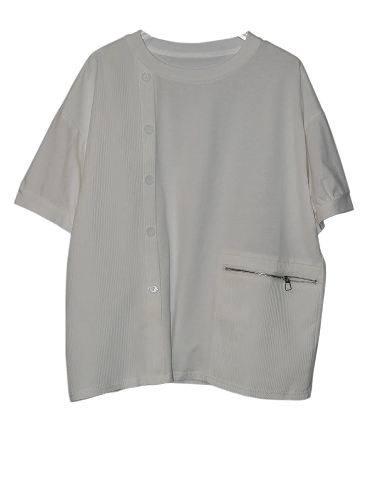 Women Black Zipper Pocket Irregular Big Size T-shirt New Round Neck Short Sleeve Fashion Tide Spring Summer 2025  1DJ0561