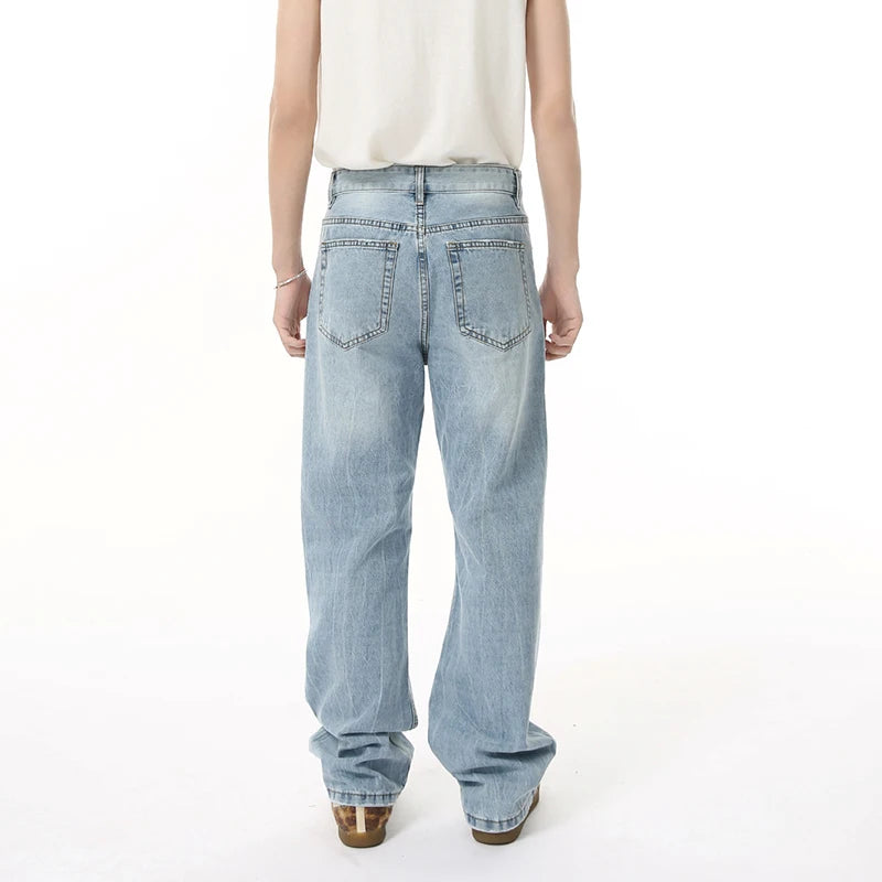 Men's Denim Pants New American Style Hole Design Casual Straight Wide Leg Gradient Color Trendy Male Loose Jeans 9W1840