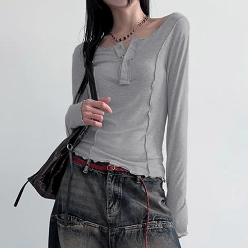 Chic Stitching Bodycon Grey Fall T-shirts Women Knitted Frill Trim Long Sleeve Y2K Aesthetics Top Tees Solid Clothes