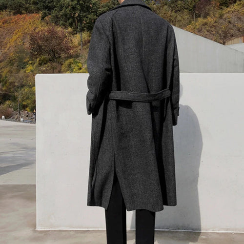 Load image into Gallery viewer, Winter Men&#39;s Woolen Overcoats Thick Double Breasted Belt Turn-down Collar Overknee Solid Color Casual Male Trench 9C8995
