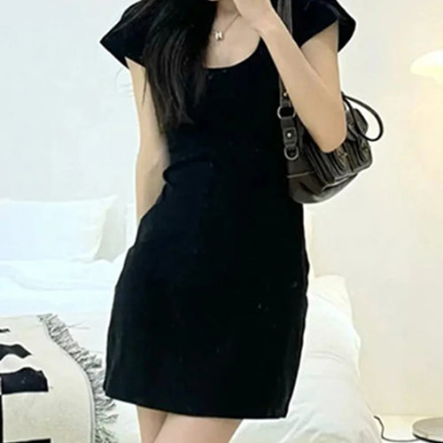 Load image into Gallery viewer, Black Slim Hepburn Style Women&#39;s Dresses New Square Neck Short Sleeve Pure Color Casual Summer Dress Simple Streetwear
