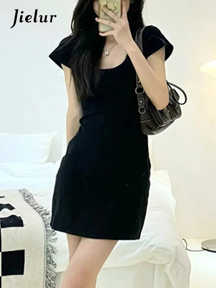 Black Slim Hepburn Style Women's Dresses New Square Neck Short Sleeve Pure Color Casual Summer Dress Simple Streetwear