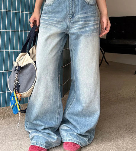 Gradient Loose Versatile Casual Jeans for Women High Wasit Patchwork Pockets Fashion Wide Leg Jean Female Clothing