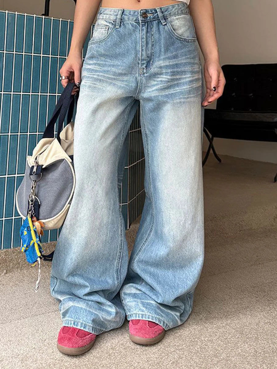 Gradient Loose Versatile Casual Jeans for Women High Wasit Patchwork Pockets Fashion Wide Leg Jean Female Clothing