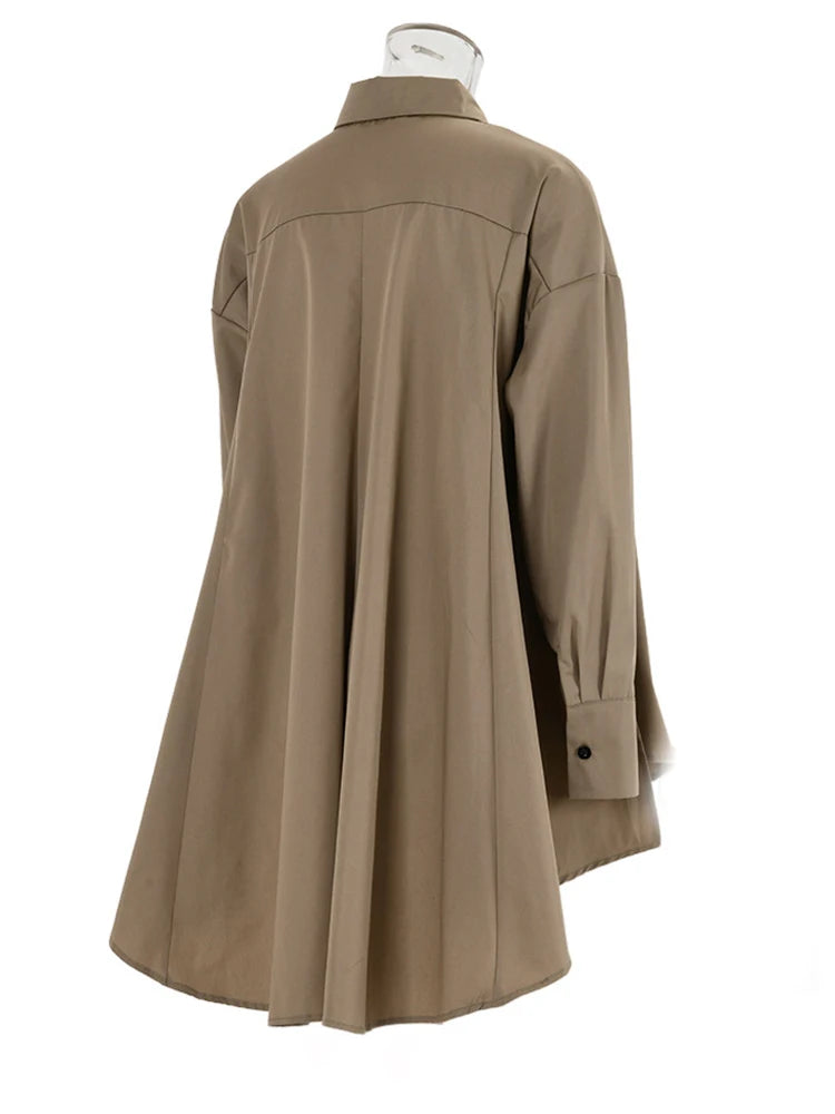Women Khaki Irregular Back Long Elegant Big Size Blouse New Lapel Long Sleeve Shirt Fashion Tide Spring Autumn 2025 2Q1236