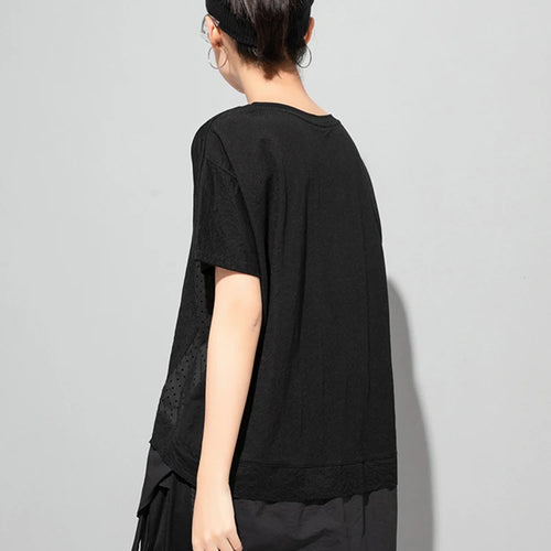 Load image into Gallery viewer, Women Black Dot Printed Spliced Big Size Casual T-shirt New Round Neck Short Sleeve Fashion Spring Summer 2025 1DJ1762
