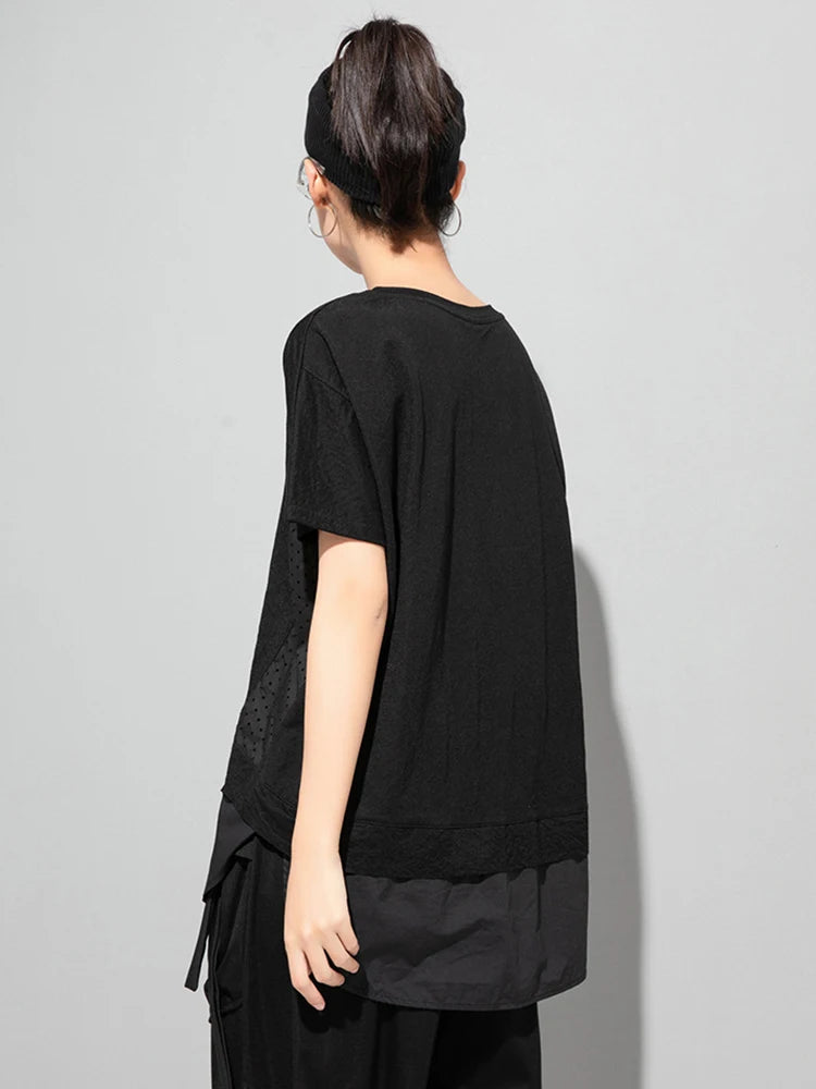 Women Black Dot Printed Spliced Big Size Casual T-shirt New Round Neck Short Sleeve Fashion Spring Summer 2025 1DJ1762