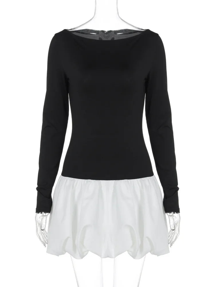 Patchwork Long Sleeve Sexy Mini Dress For Women Color Contrast High Waist A-line Club Party Sexy Puffy Dress Elegant