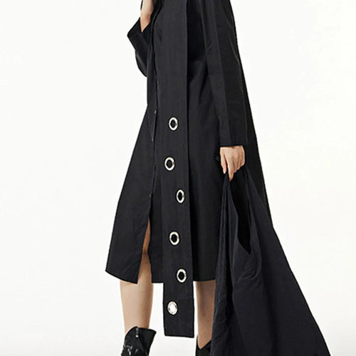 Load image into Gallery viewer, Women Black Metal Circle Irregular Hem Big Size Shirt Dress New Lapel Long Sleeve Fashion Tide Spring Autumn 2025 1DJ0883
