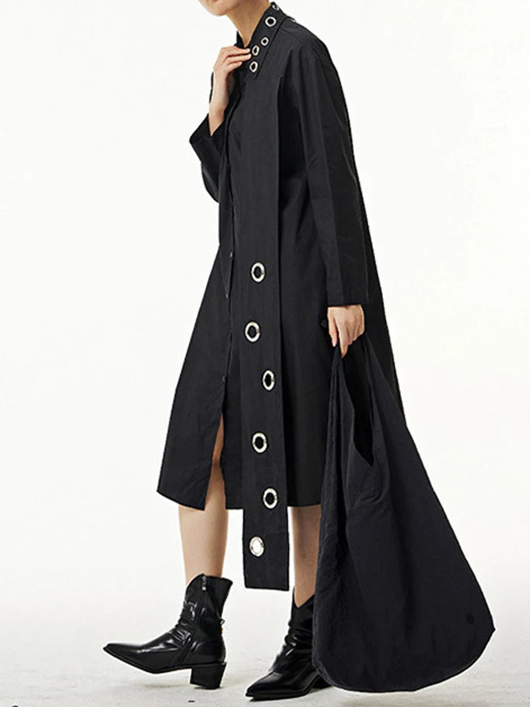 Women Black Metal Circle Irregular Hem Big Size Shirt Dress New Lapel Long Sleeve Fashion Tide Spring Autumn 2025 1DJ0883