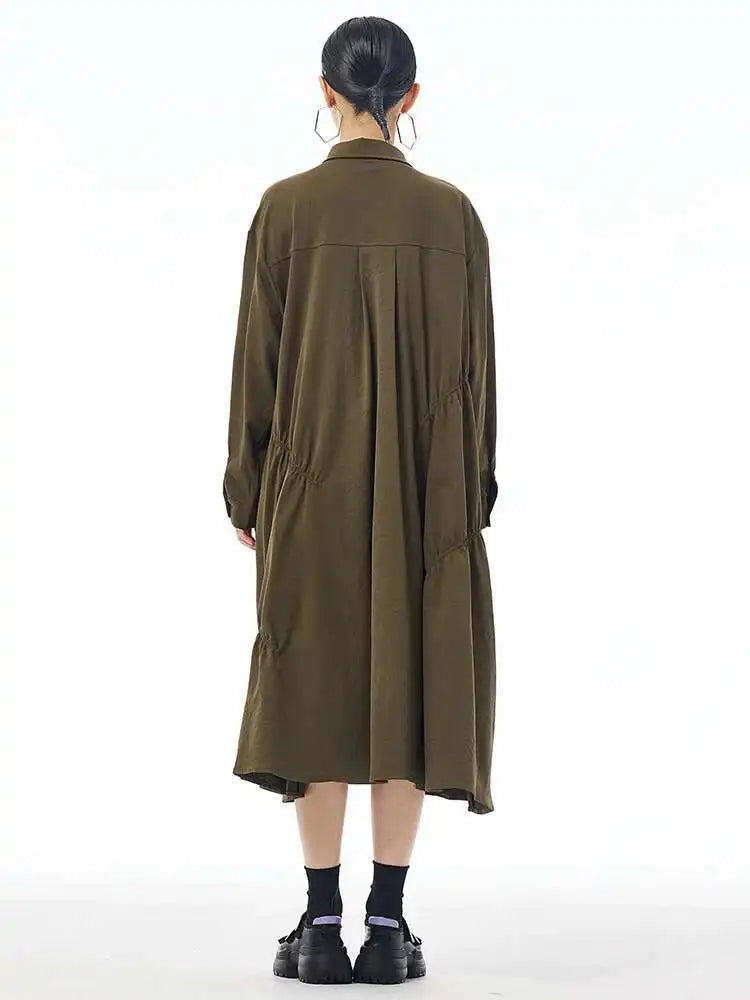 Women Coffee Pleated Spliced Big Size Midi Shirt Dress New Lapel Long Sleeve Fashion Tide Spring Autumn 2025 1DH7416