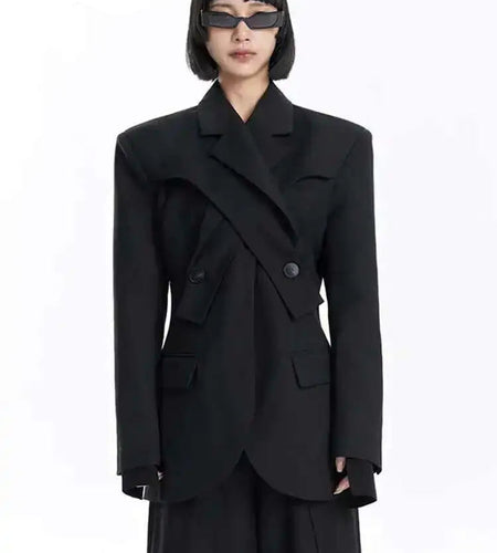 Women Black Button Corss Design Elegant Slim Blazer New Lapel Long Sleeve Jacket Fashion Tide Spring Autumn 2025 7AB1277