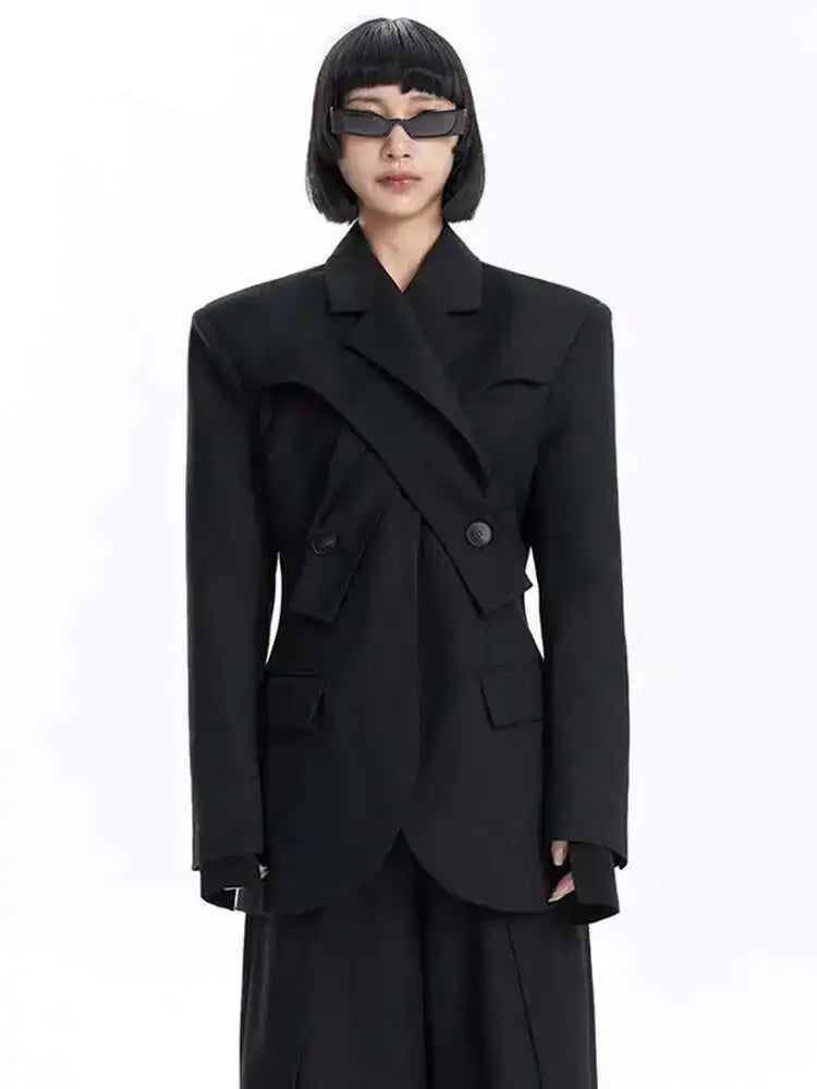 Women Black Button Corss Design Elegant Slim Blazer New Lapel Long Sleeve Jacket Fashion Tide Spring Autumn 2025 7AB1277