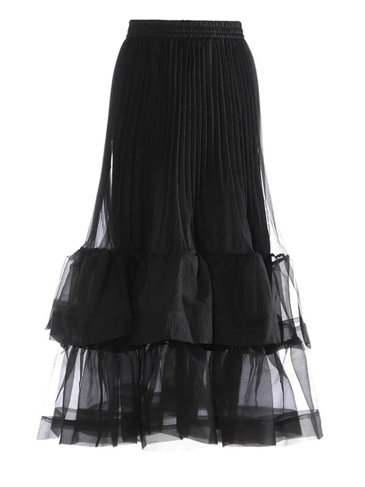 High Elastic Waist Rose Red Duoble Layers Organza Pleated Half-body Skirt Women Fashion New Spring Autumn 2025 1DJ0987