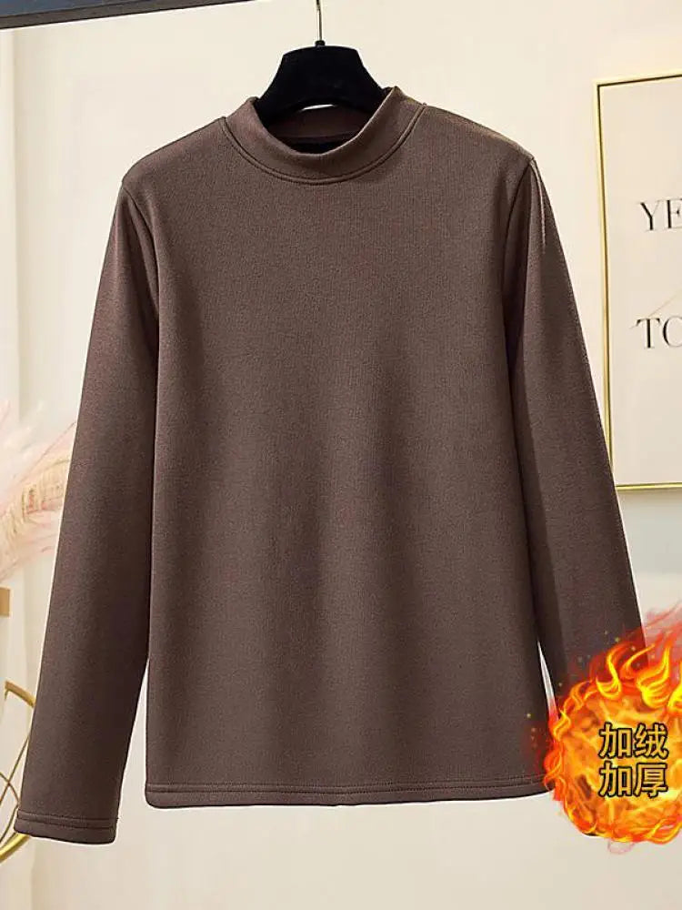 Korean Version New Black Brown Velvet Cotton Round Neck T Shirt Autumn Winter Women Yellow Slim Long Sleeve Plus Size Tops Thick