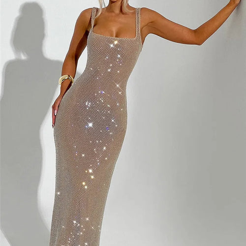 Load image into Gallery viewer, Sequins Backless Sexy Maxi Dress For Women Gown Fashion Sparkle Square Collar Sleeveless Bodycon Club Long Dress

