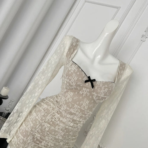 Load image into Gallery viewer, French Vintage Women's Beige Lace Long Sleeved Elegant Short Dress Autumn Winter Square Neck Bow Pleated Wrap Hip Mini Dress New
