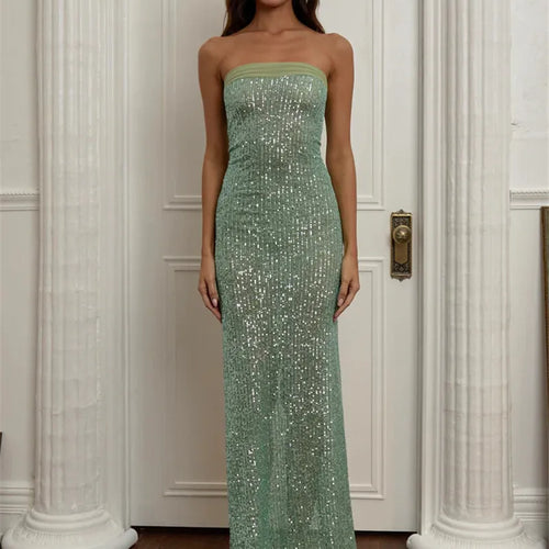 Load image into Gallery viewer, Sequin Strapless High Split Sexy Maxi Dress Women Elegant Off-shoulder Sleeveless Backless Sparkle Floor Length Dress
