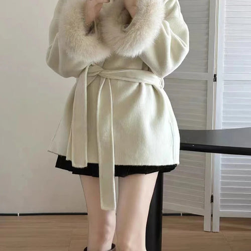 Load image into Gallery viewer, Solid Luxury Style Coats For Women Lapel Long Sleeve Patchwork Sashes Feathers Fashion Loose Jacket Female Winter
