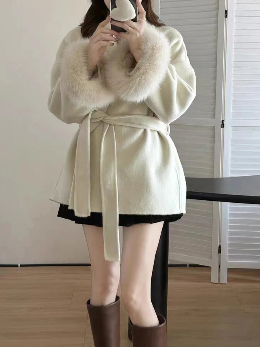 Solid Luxury Style Coats For Women Lapel Long Sleeve Patchwork Sashes Feathers Fashion Loose Jacket Female Winter