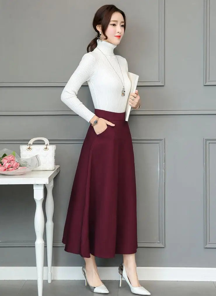 Black Elastic High Waist Pocket Long Skirt Women's Spring And Autumn Basic Casual Pleated Plus Size Slim Versatile Red Skirt