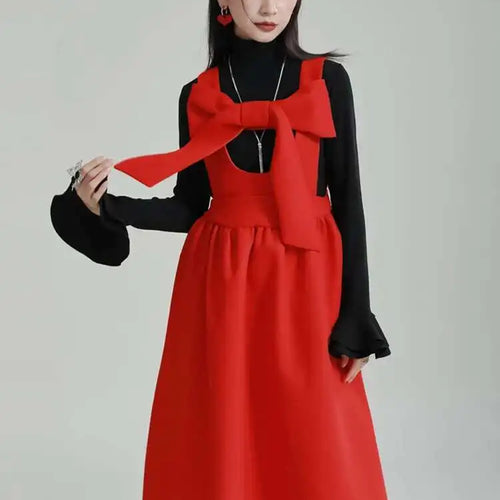 Load image into Gallery viewer, Women Gray Bow Bandage Spliced Long Elegant Woolen Dress New Sleeveless Loose Fit Fashion Tide Autumn Winter 2025 1DF3527
