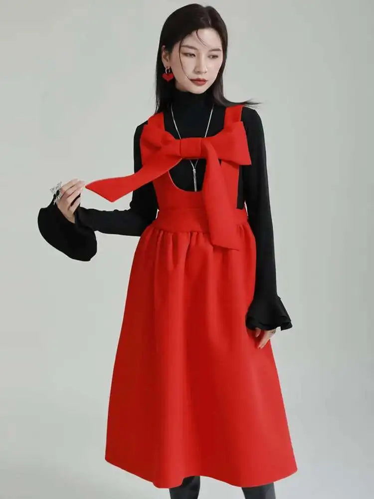 Women Gray Bow Bandage Spliced Long Elegant Woolen Dress New Sleeveless Loose Fit Fashion Tide Autumn Winter 2025 1DF3527